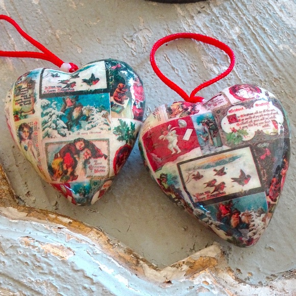 Other - Decoupaged Puffy Heart Vintage Christmas Valentine's Image Collage Ornaments - 2